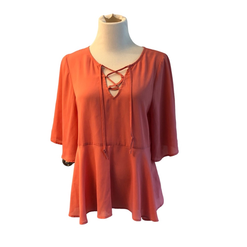 Cupcakes and Cashmere Lace-up Sheer Blouse in Coral Size XS